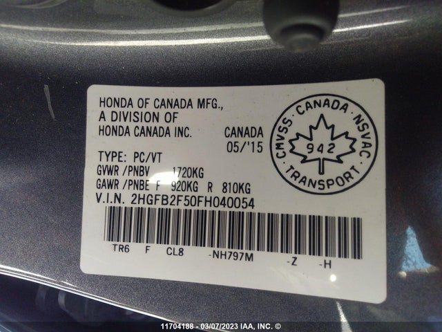 Honda Civic Lx 2015 2HGFB2F50FH040054 Image 10