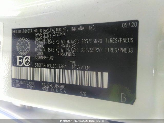 Toyota HIGHLANDER HYBRID 2020 5TDEBRCH3LS014367 Image 10
