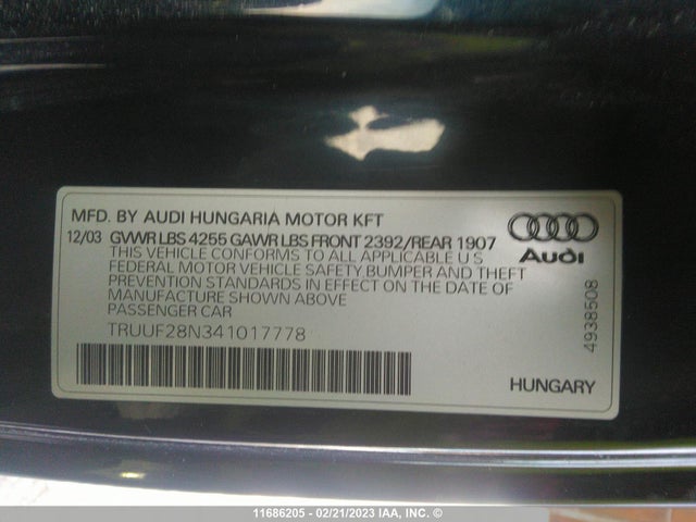 TRUUF28N341017778 Audi Tt 3.2