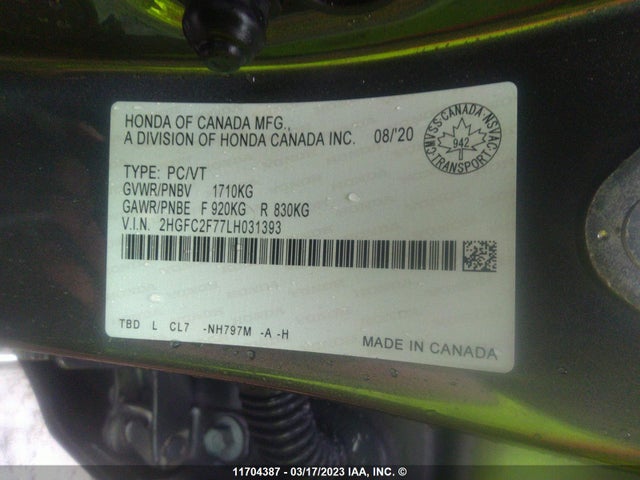 Honda CIVIC EX 2020 2HGFC2F77LH031393 Image 10