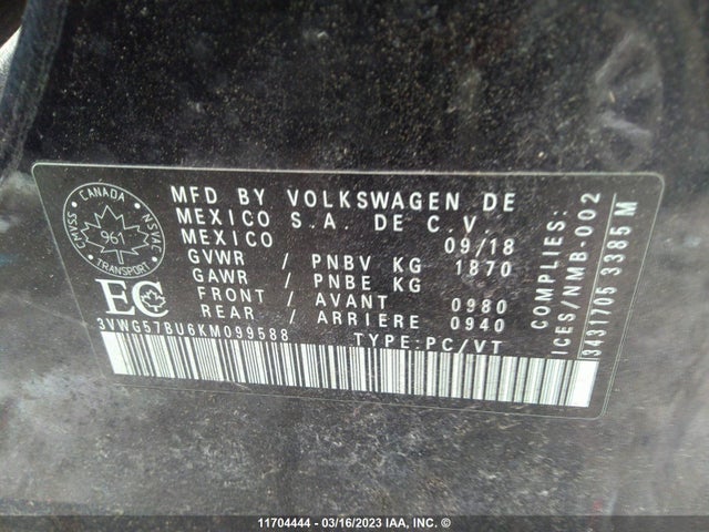 3VWG57BU6KM099588 Volkswagen Jetta Sel Premium