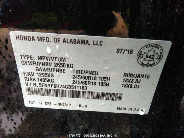 Honda PILOT EXLN 2016 5FNYF6H74GB511163 Image 9
