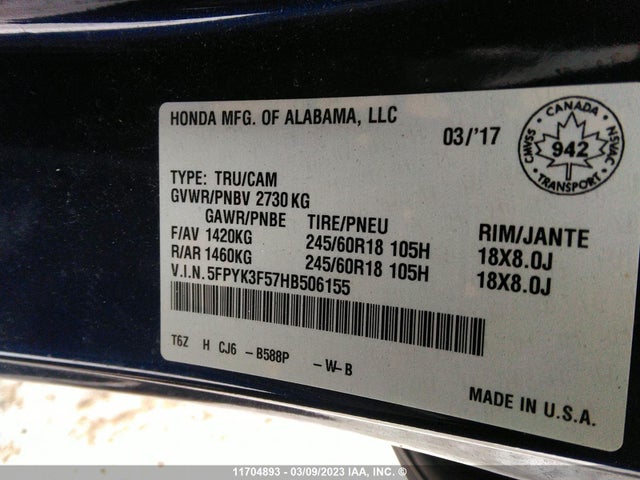 Honda Ridgeline Rtl 2017 5FPYK3F57HB506155 Image 11