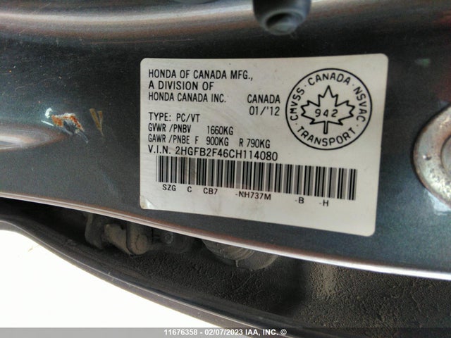 Honda Civic Lx 2012 2HGFB2F46CH114080 Image 10