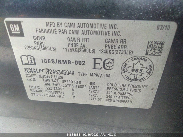 Chevrolet EQUINOX LT 2010 2CNALPEW2A6345049 Image 10