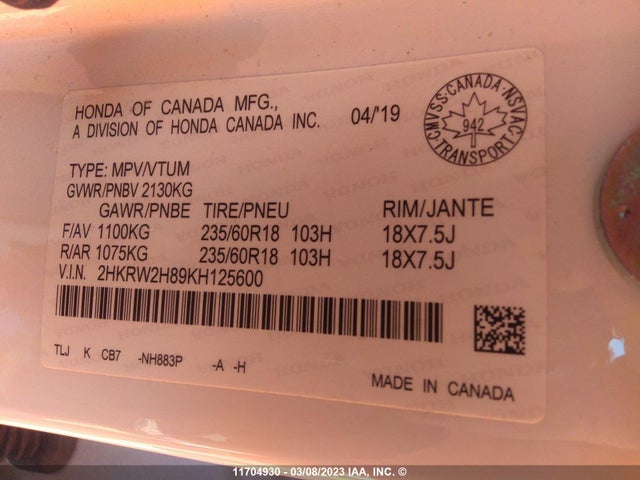 Honda CR-V EXL 2019 2HKRW2H89KH125600 Image 9