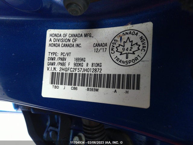 Honda Civic Lx 2018 2HGFC2F57JH012872 Image 9