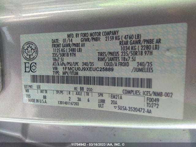 2014 Ford Escape Titanium მანქანა იყიდება აუქციონზე, vin: 1FMCU0J9XEUC25889, აუქციონის ნომერი: 11704942