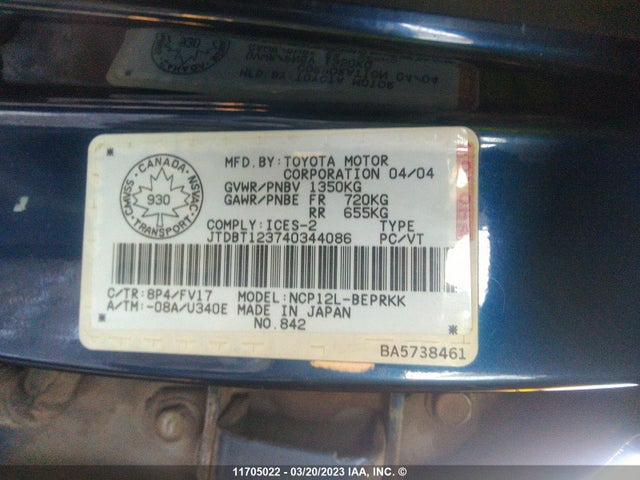 Toyota Echo 2004 JTDBT123740344086 Image 10