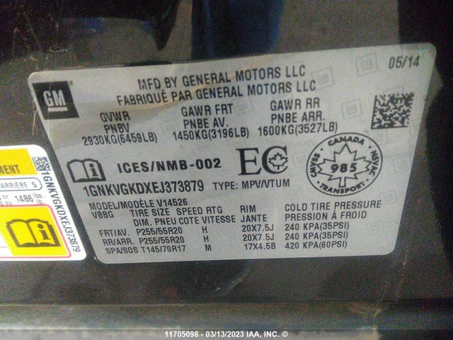 Chevrolet Traverse Lt 2014 1GNKVGKDXEJ373879 Image 9