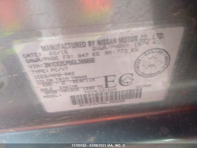 Nissan Versa Note S/s Plus/sv/sl/sr 2016 3N1CE2CP0GL386650 Image 10
