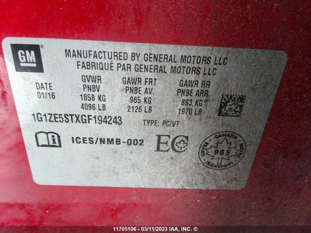 Chevrolet MALIBU LT 2016 1G1ZE5STXGF194243 Image 11
