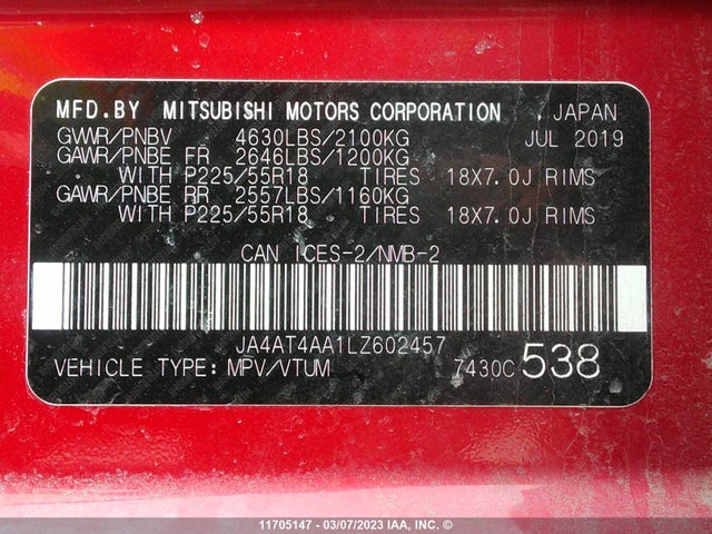 JA4AT4AA1LZ602457 Mitsubishi Eclipse Cross Le/sp