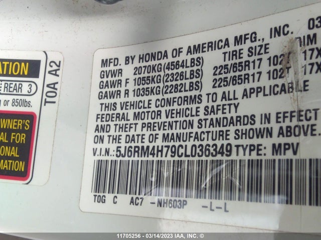 Aukcja sprzedaży 2012 Honda Cr-v Exl, vin: 5J6RM4H79CL036349, numer aukcji: 11705256