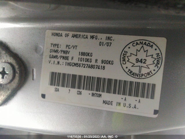 Honda ACCORD EX 2007 1HGCM56727A807418 Image 10