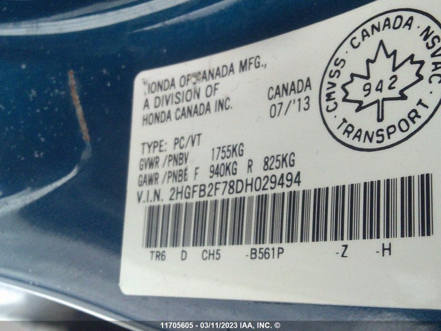 Honda Civic Touring 2013 2HGFB2F78DH029494 Image 9