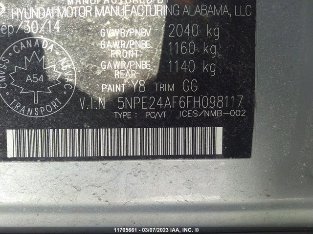 Hyundai SONATA SE 2015 5NPE24AF6FH098117 Image 10