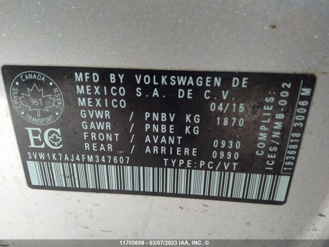 Volkswagen JETTA S 2015 3VW1K7AJ4FM347607 Image 10