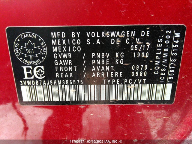 Продаж на аукціоні авто 2017 Volkswagen Jetta Se, vin: 3VWDB7AJ9HM385575, номер лоту: 11705767