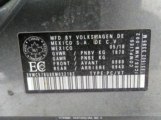 3VWC57BU8KM032182 Volkswagen Jetta S/se/r-line