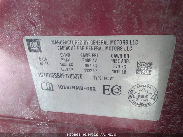 Chevrolet CRUZE ECO 2015 1G1PH5SB0F7203370 Image 9