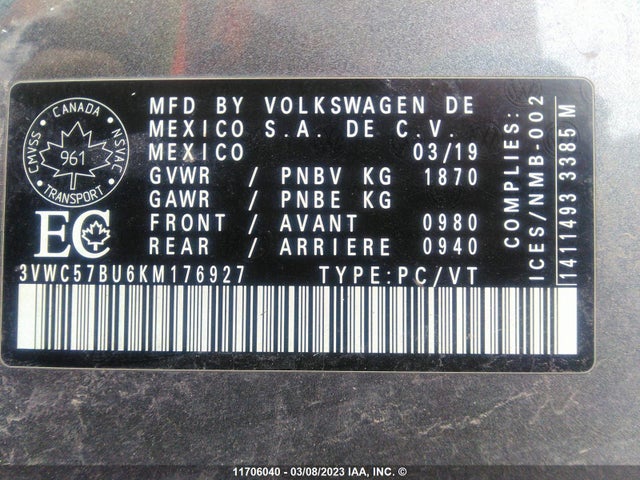 3VWC57BU6KM176927 Volkswagen JETTA