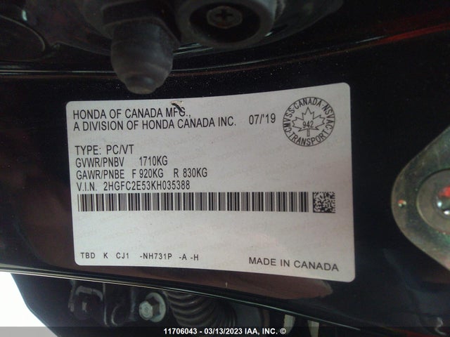 Honda Civic 2019 2HGFC2E53KH035388 Image 9
