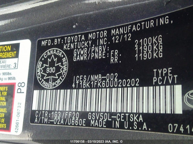 Toyota Camry Se/xle 2013 4T1BK1FK6DU020202 Image 9