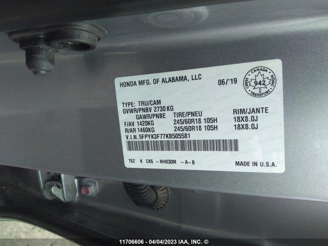 Honda Ridgeline Rtl 2019 5FPYK3F77KB505581 Image 9