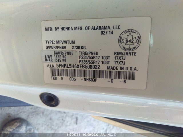 Honda ODYSSEY EXL 2014 5FNRL5H6XEB508022 Image 9