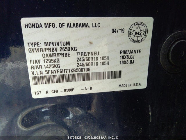 Honda PILOT EXL 2019 5FNYF6H71KB506706 Image 9