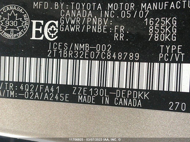Toyota COROLLA CE/LE/S 2007 2T1BR32E07C848789 Image 10