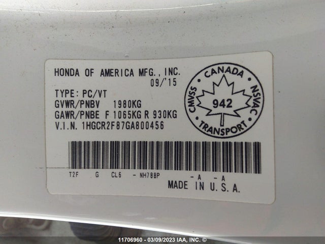 Honda ACCORD EXL 2016 1HGCR2F87GA800456 Image 9