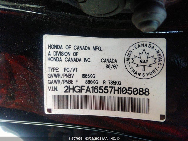 11707053 :رقم المزاد ، 2HGFA16557H105088 vin ، 2007 Honda Civic Lx مزاد بيع