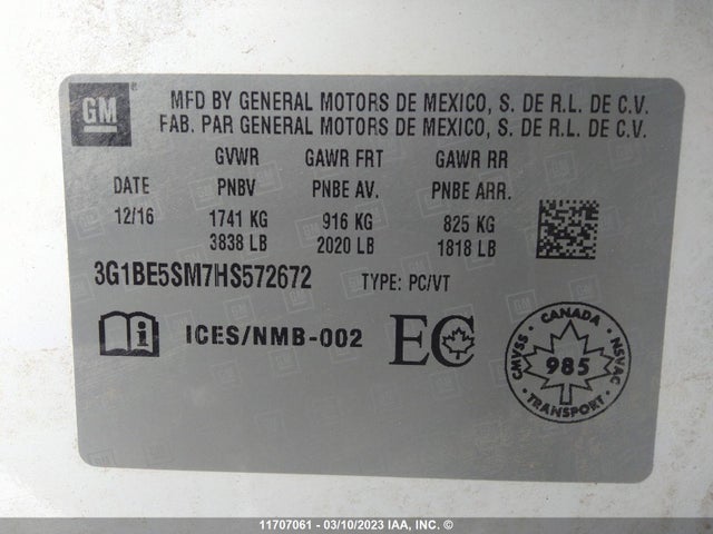 Chevrolet CRUZE LT 2017 3G1BE5SM7HS572672 Image 9
