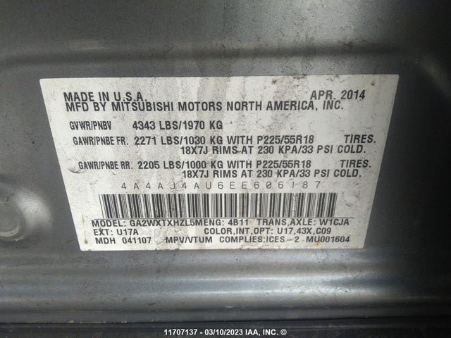 4A4AJ4AU6EE606187 Mitsubishi Rvr Gt