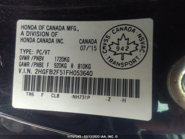 Honda Civic Lx 2015 2HGFB2F51FH053640 Image 9