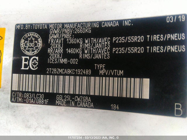 2T2BZMCA8KC192489 Lexus Rx 350 Base/350 F-sport