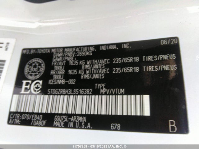 Toyota HIGHLANDER 2020 5TDGZRBH3LS516382 Image 9