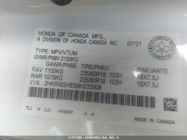 Honda CR-V EXL 2021 2HKRW2H83MH233908 Image 9