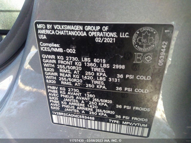 1V2BR2CA0MC563468 Volkswagen ATLAS SEL