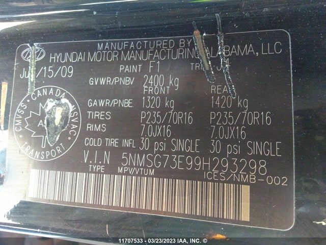 Hyundai Santa Fe Gl 2009 5NMSG73E99H293298 Image 10