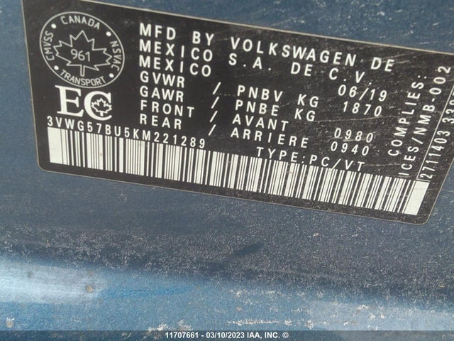 3VWG57BU5KM221289 Volkswagen Jetta Sel Premium