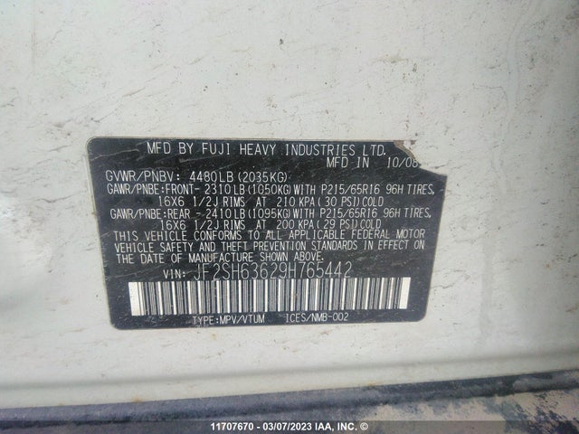 Продаж на аукціоні авто 2009 Subaru Forester 2.5x Premium, vin: JF2SH63629H765442, номер лоту: 11707670