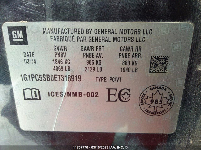 Chevrolet CRUZE LT 2014 1G1PC5SB0E7318919 Image 10