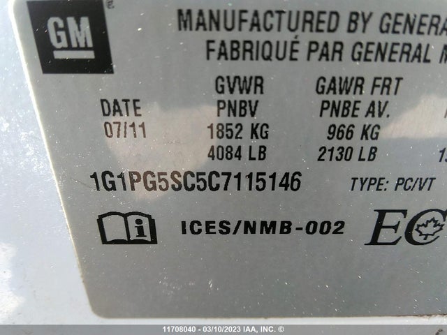 Aukcja sprzedaży 2012 Chevrolet Cruze Lt, vin: 1G1PG5SC5C7115146, numer aukcji: 11708040