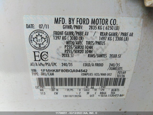 Продажа на аукционе авто 2011 Ford Explorer Limited, vin: 1FMHK8F80BGA94542, номер лота: 11708051