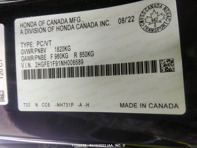 Honda Civic Touring 2022 2HGFE1F91NH006689 Image 11