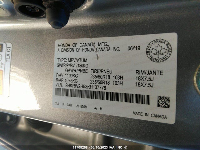 Honda CR-V EX 2019 2HKRW2H53KH137778 Image 9