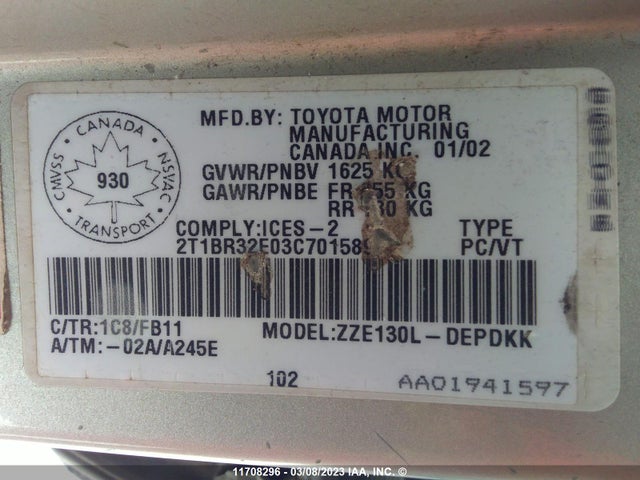 Toyota COROLLA CE/LE/S 2003 2T1BR32E03C701589 Image 10